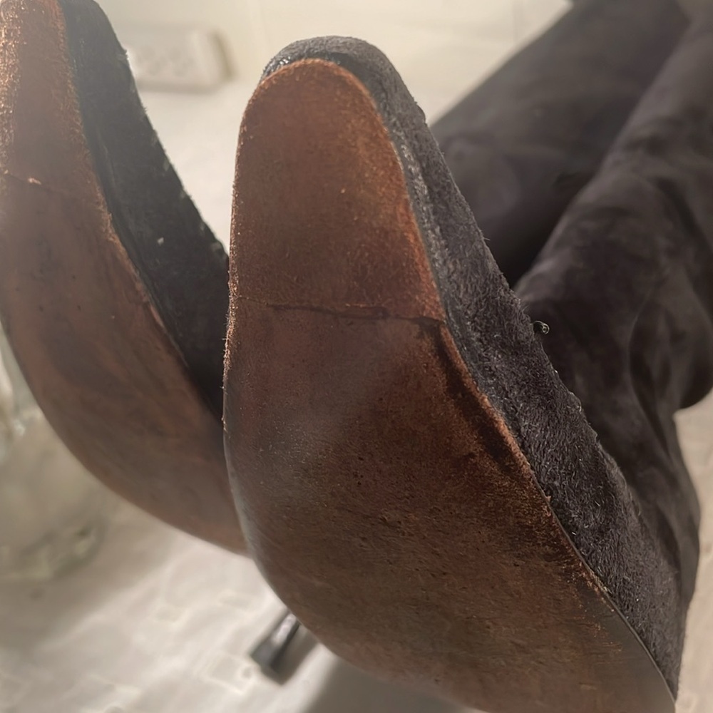 BOTTEGA VENETA Black Soft Suede Thin Heel Side Zippered Whip Stitch Tall Boots - Picture 6 of 16